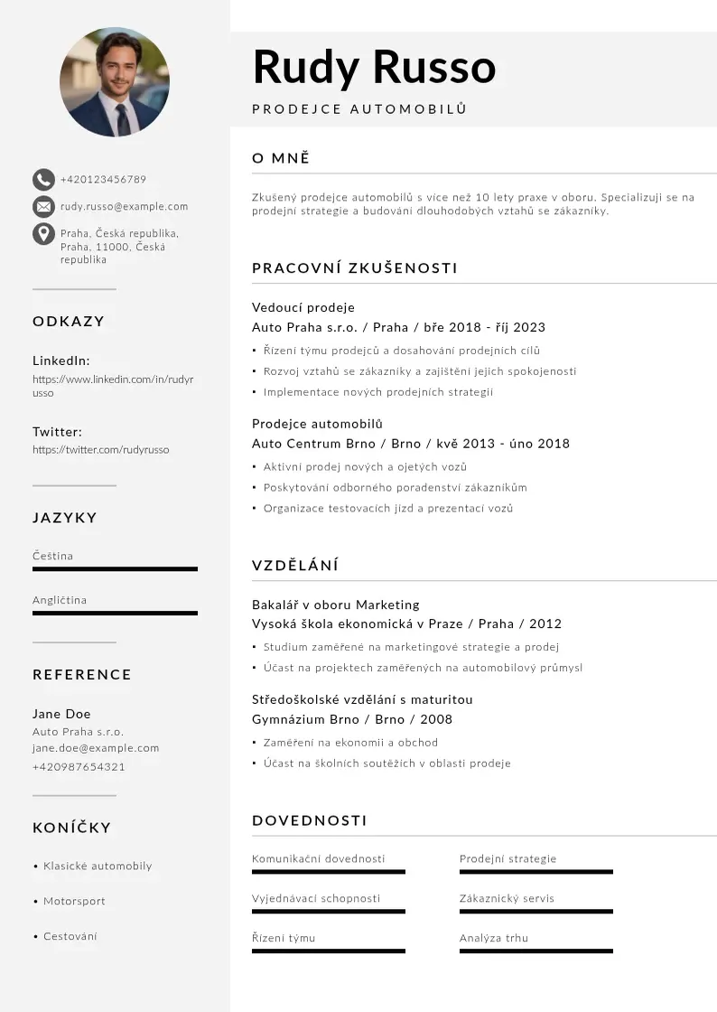 Mūsdienīga Prodejce automobilu zivotopis CV veidne