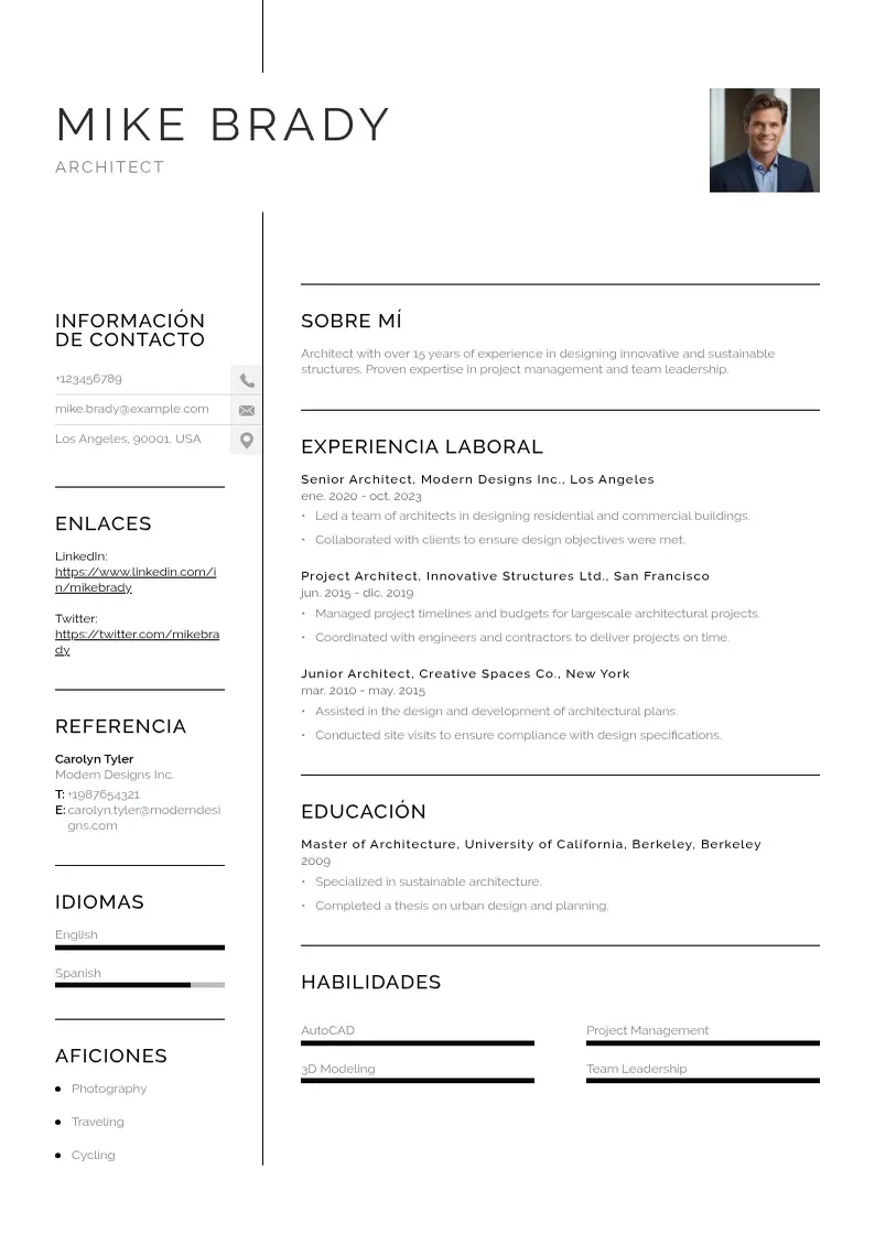 two column curriculum-de-arquitecto resume example