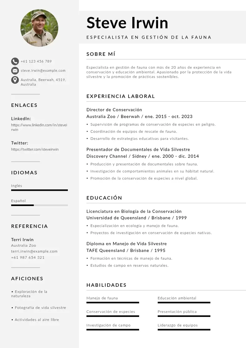 two column especialista-en-gestion-de-la-fauna resume example