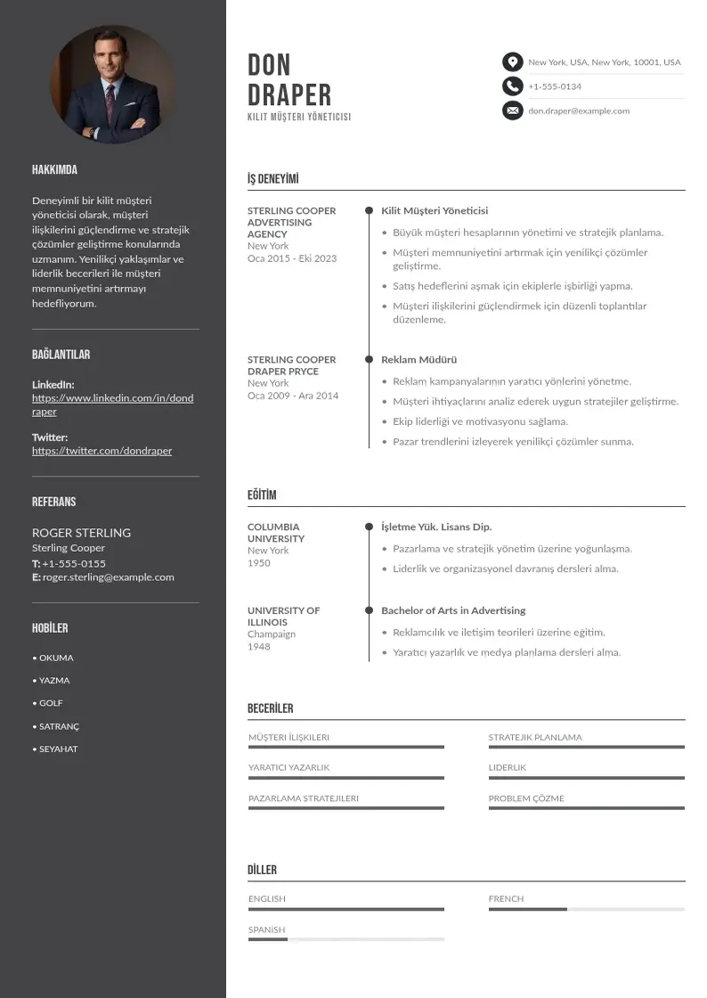 Divu kolonnu Kilit Müşteri Yöneticisi  CV piemērs
