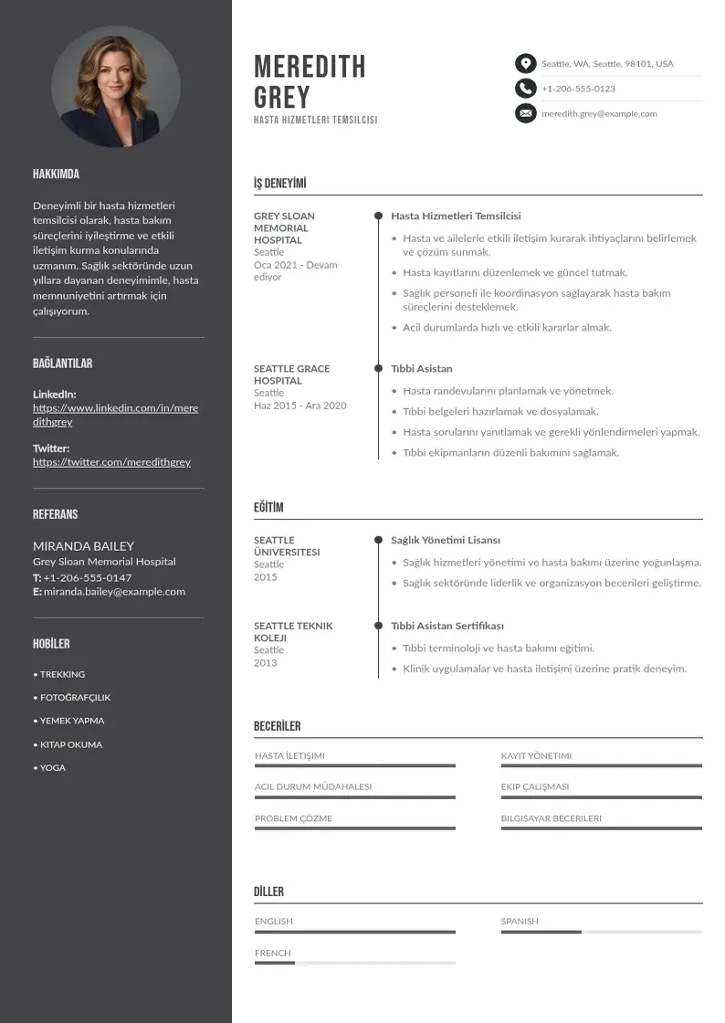 Divu kolonnu Hasta Hizmetleri Temsilcisi  CV piemērs