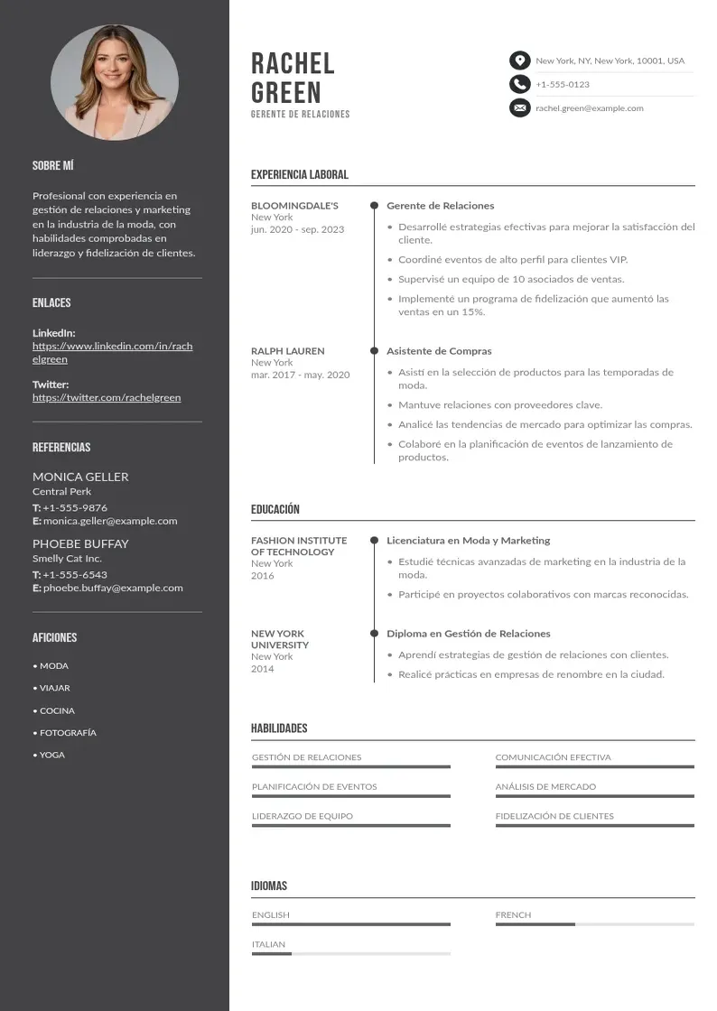 two column gerente-de-relaciones resume example