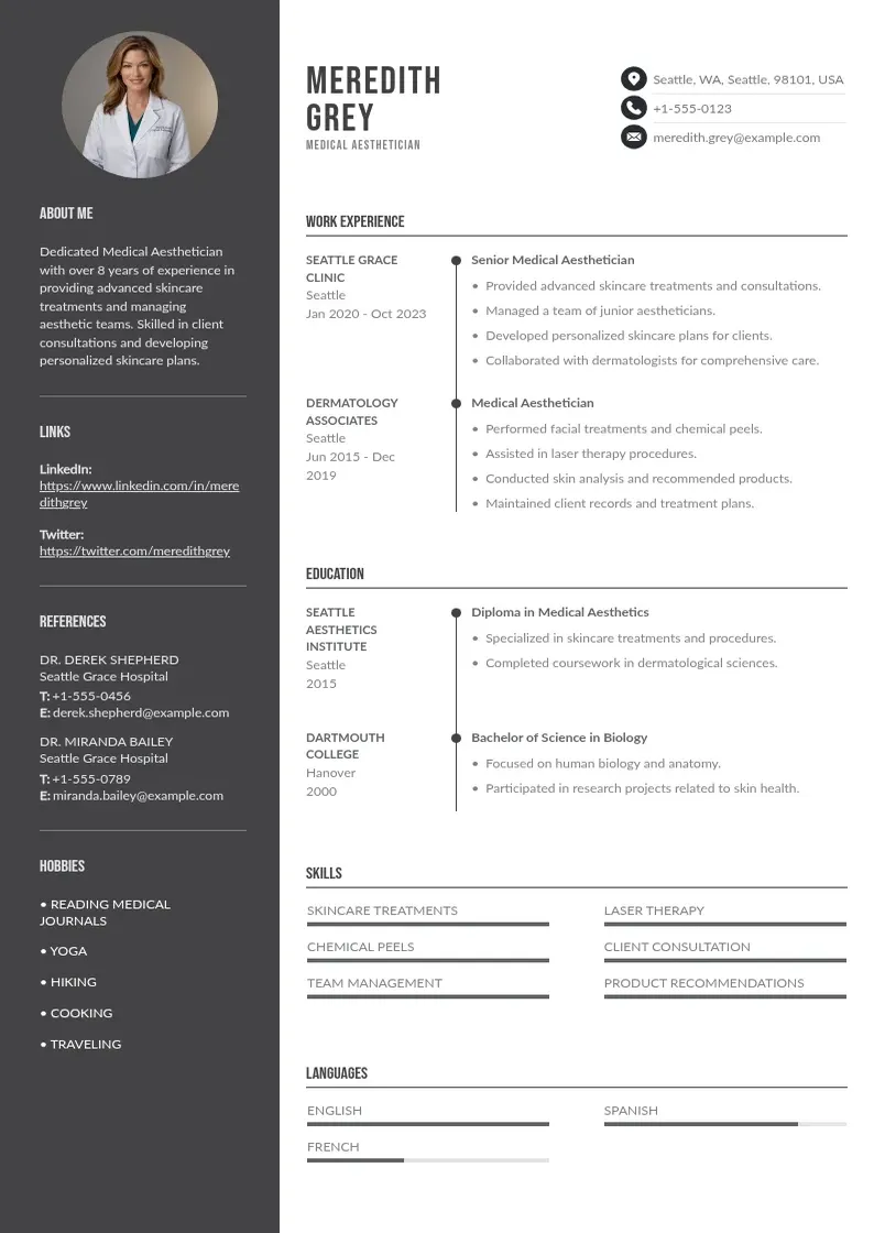 two column medical-aesthetician-resume resume example