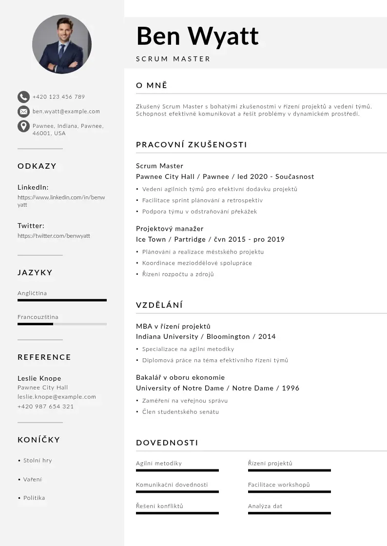 Mūsdienīga Scrum mastera zivotopis CV veidne