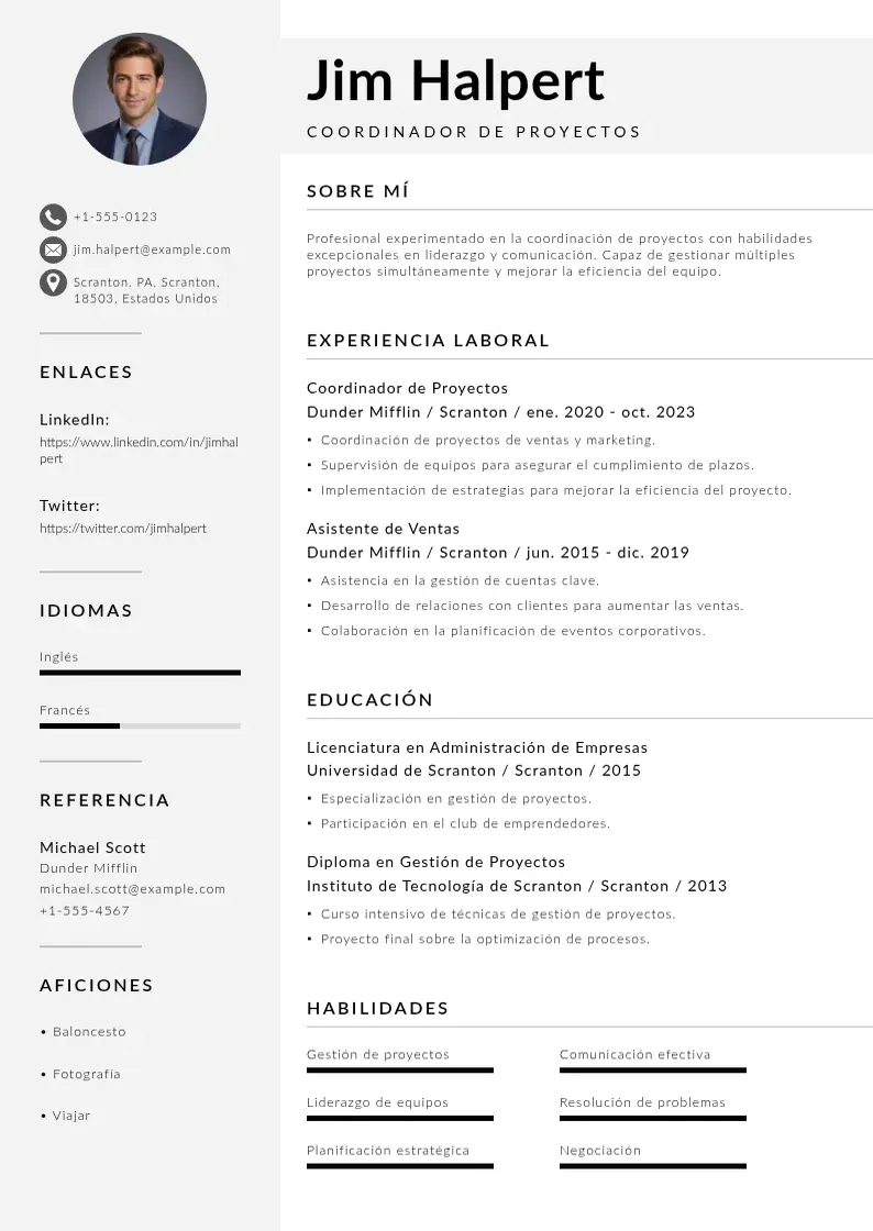 two column cv-de-coordinador-de-proyectos resume example