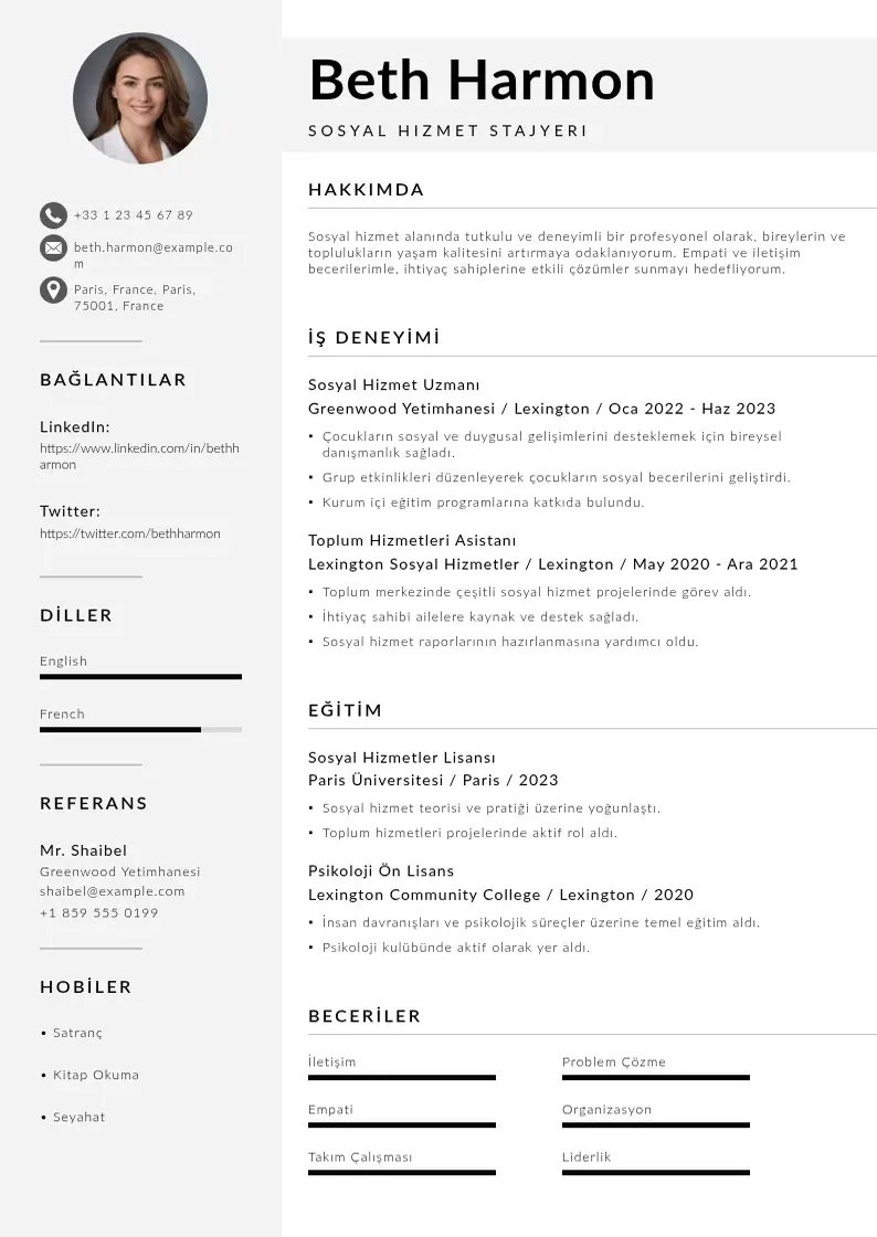Mūsdienīga Sosyal Hizmet Stajyeri  CV veidne