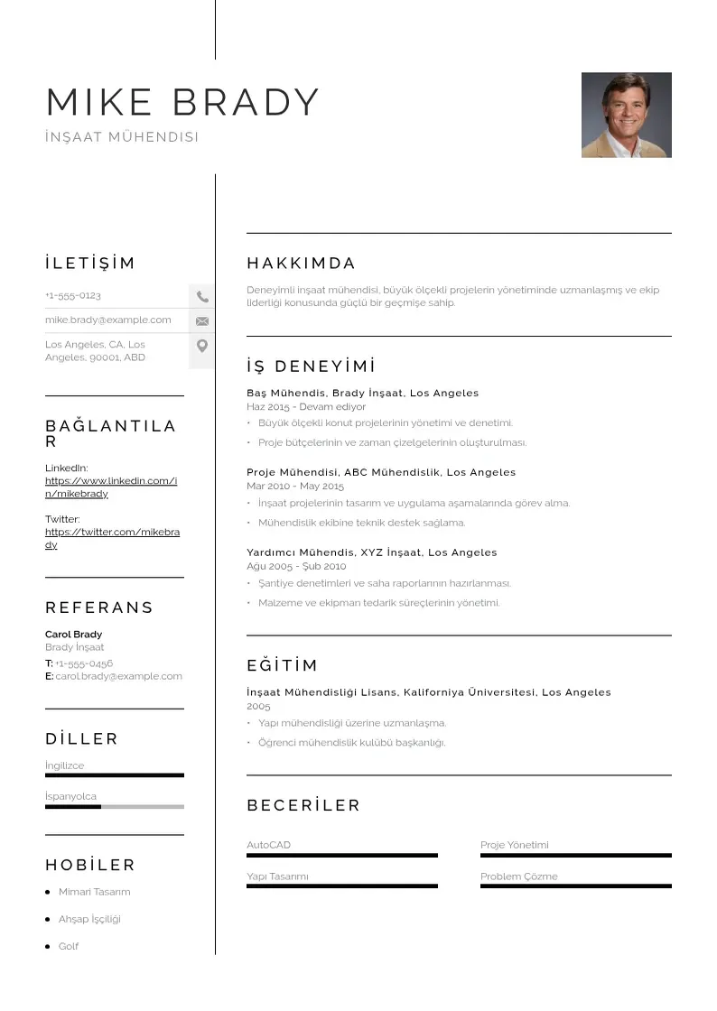 Vienkārša İnşaat mühendisi  CV piemērs