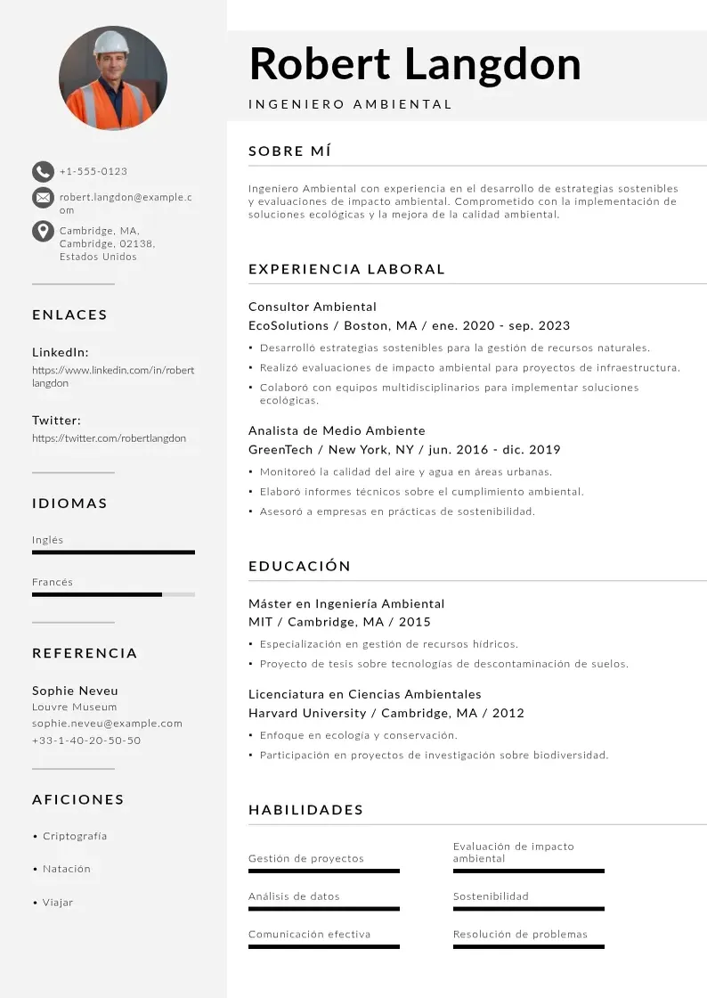 two column ingeniero-ambiental resume example