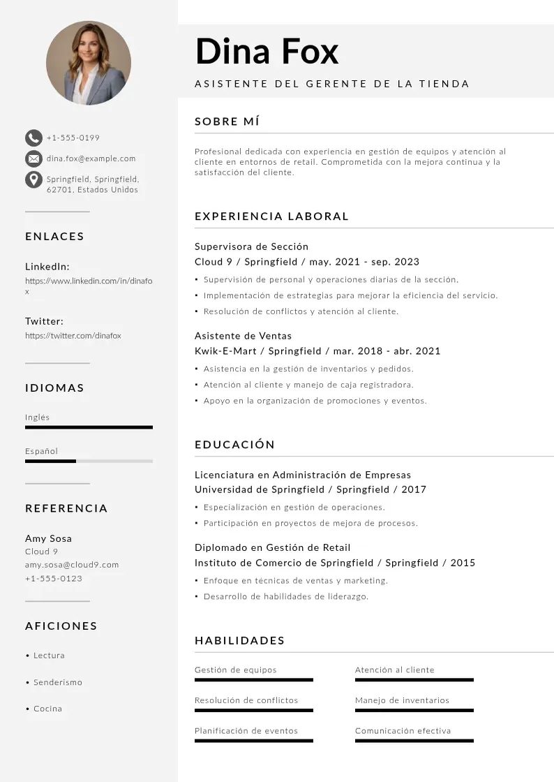 two column asistente-del-gerente-de-la-tienda resume example