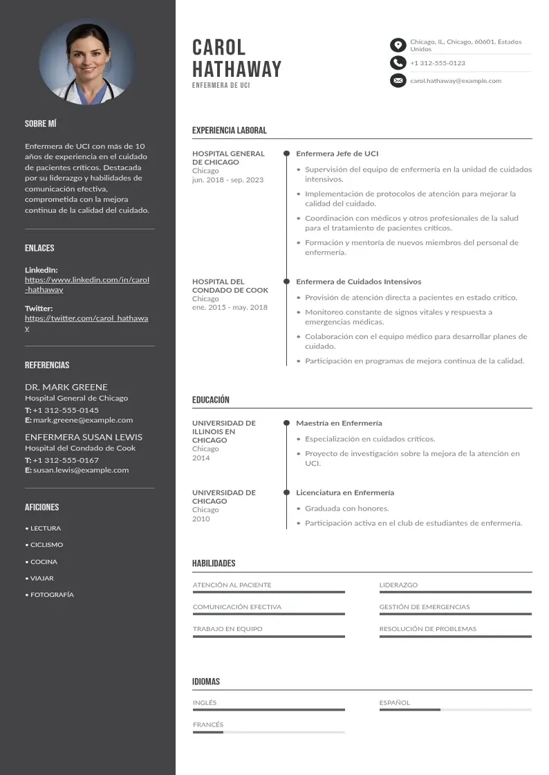 two column cv-enfermera-de-la-uci resume example