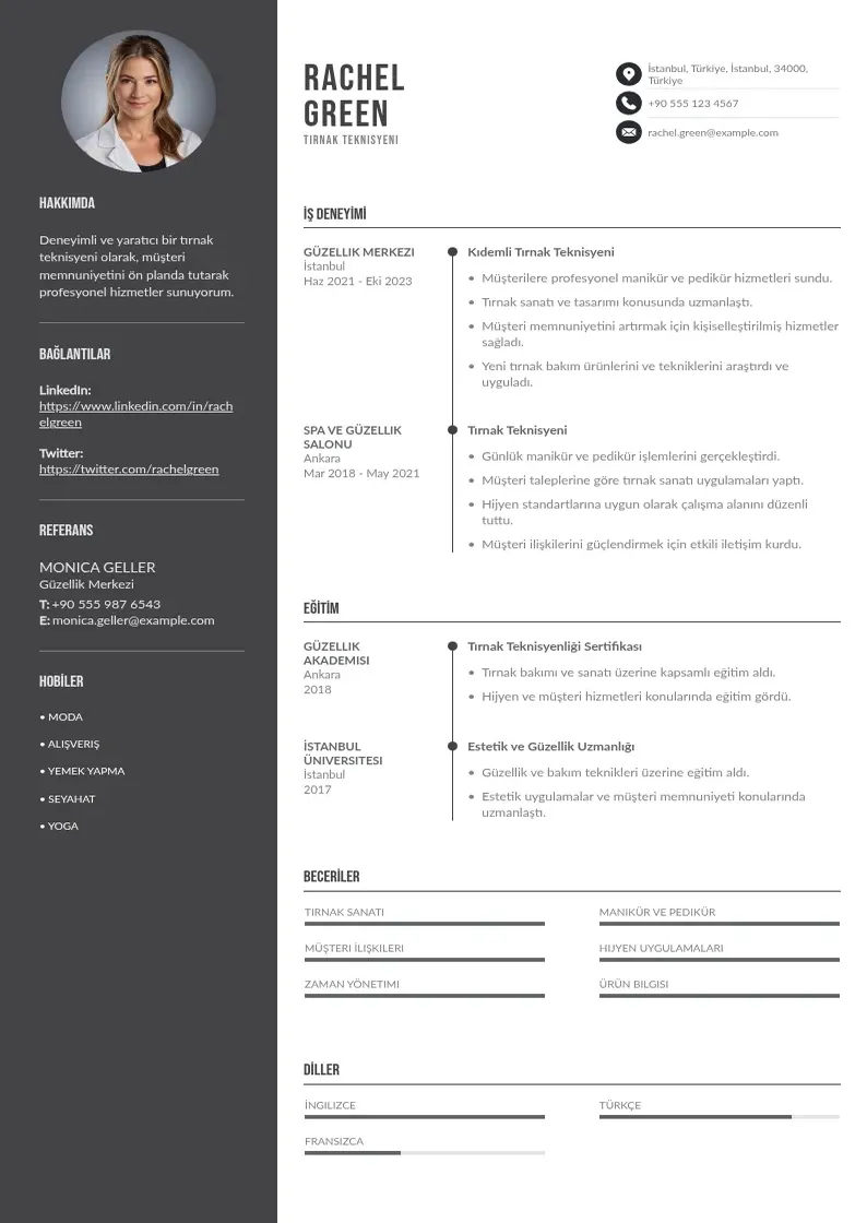 Divu kolonnu Tırnak teknisyeni  CV piemērs