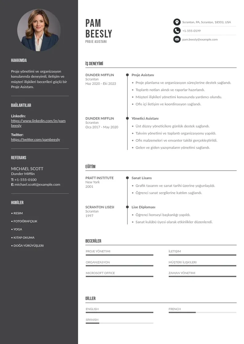 Divu kolonnu proje Asistanı  CV piemērs