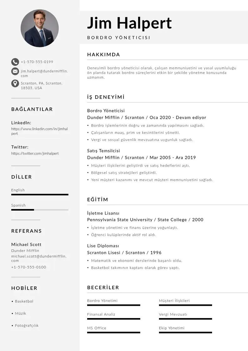 Mūsdienīga Bordro Yöneticisi  CV veidne
