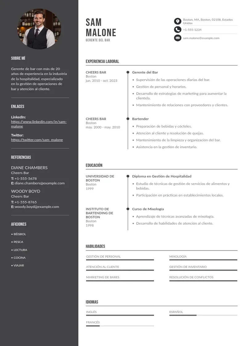 two column cv-gerente-del-bar resume example