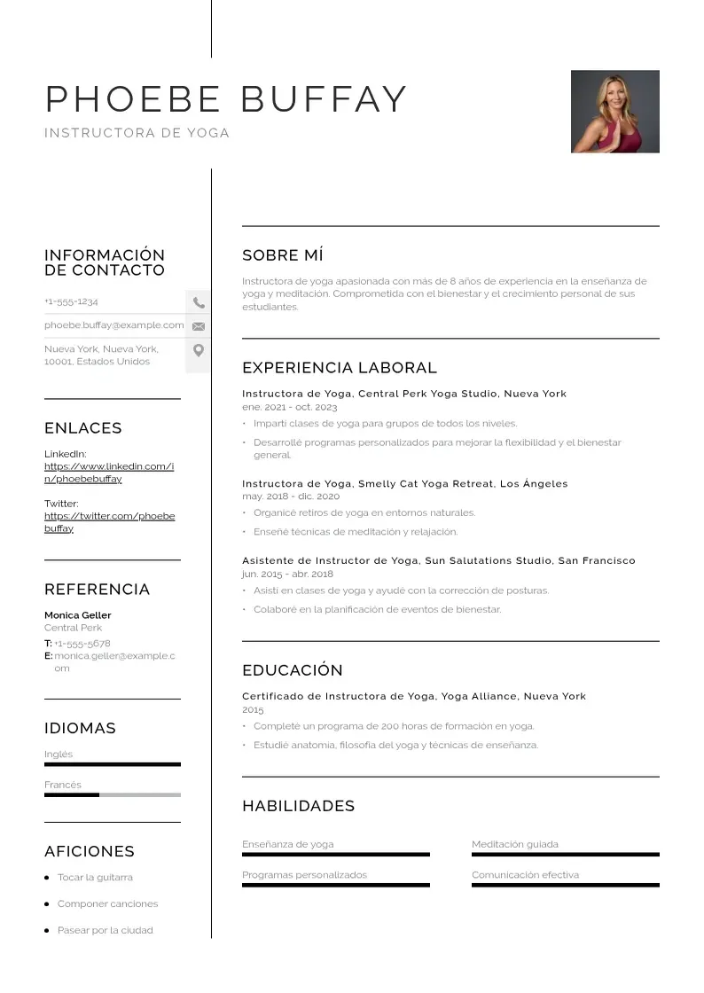 two column instructora-de-yoga resume example