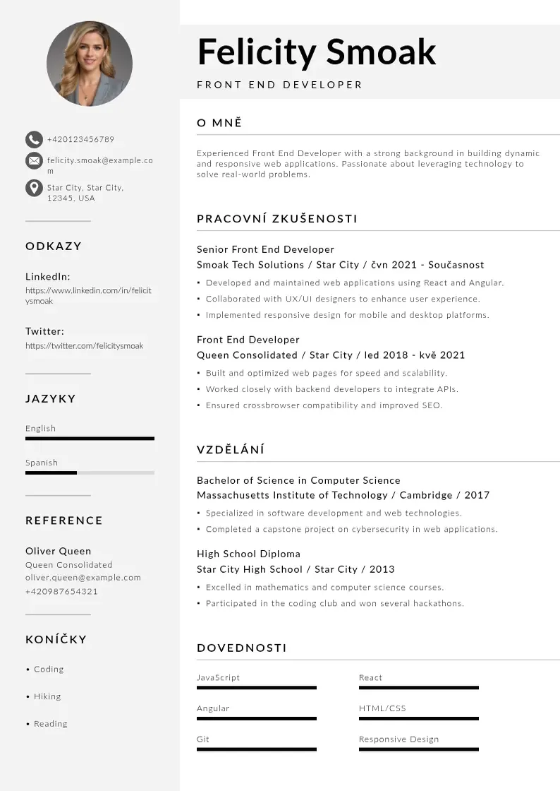 Mūsdienīga Zivotopis front end developer CV veidne