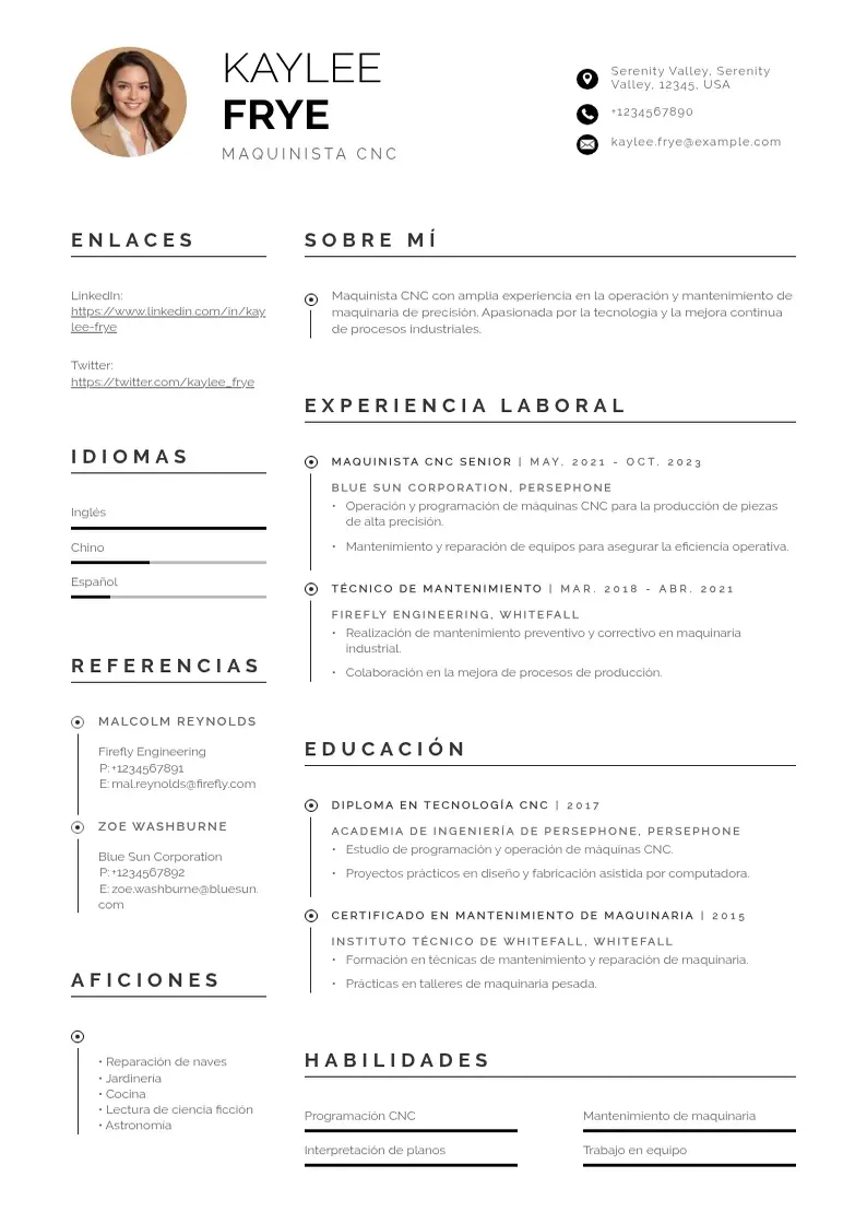 two column maquinista-cnc resume example