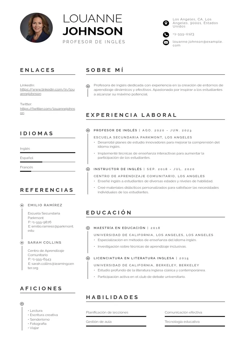 two column profesor-de-ingles resume example