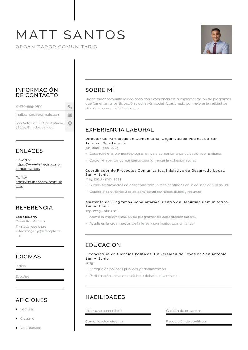 two column cv-organizador-comunitario resume example
