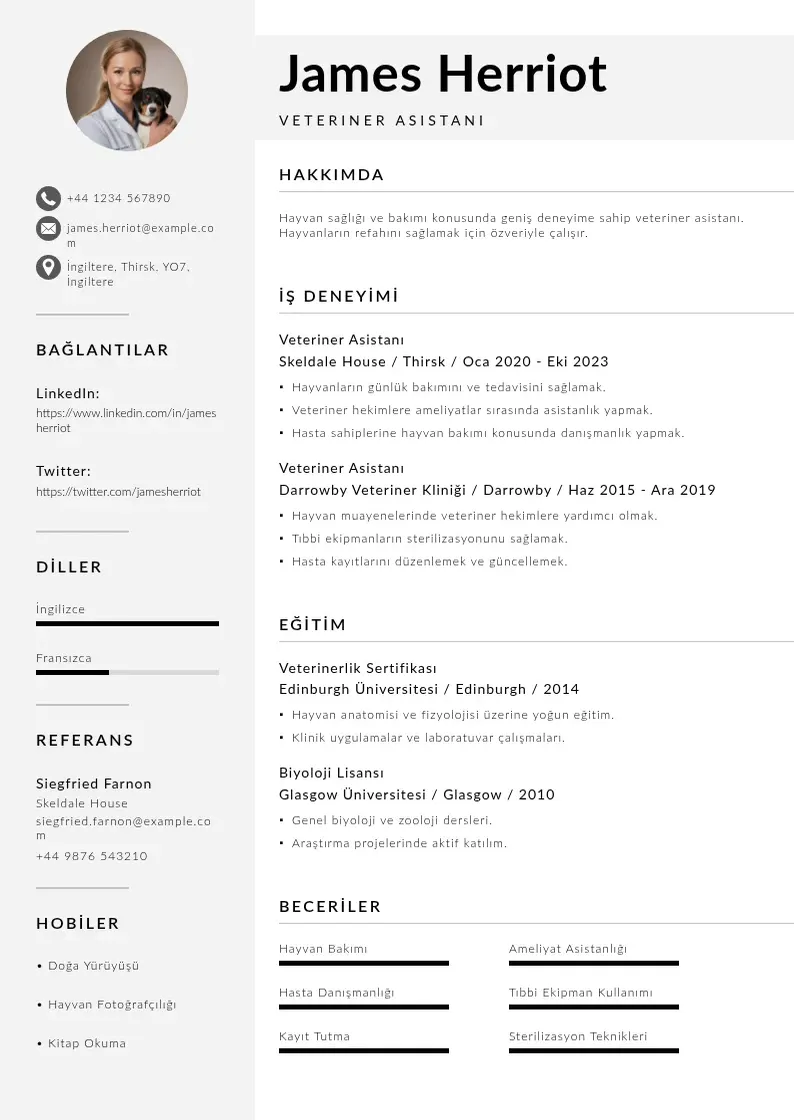 Mūsdienīga Veteriner Asistanı  CV veidne