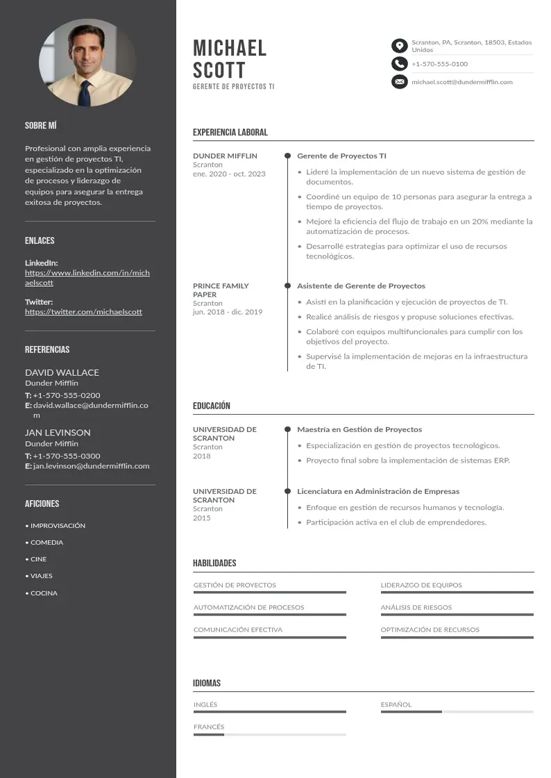 two column cv-gerente-de-proyectos-ti resume example