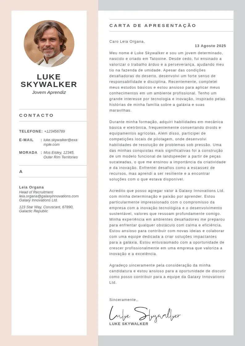 Modelo de carta de apresentação profissional de Jovem aprendiz