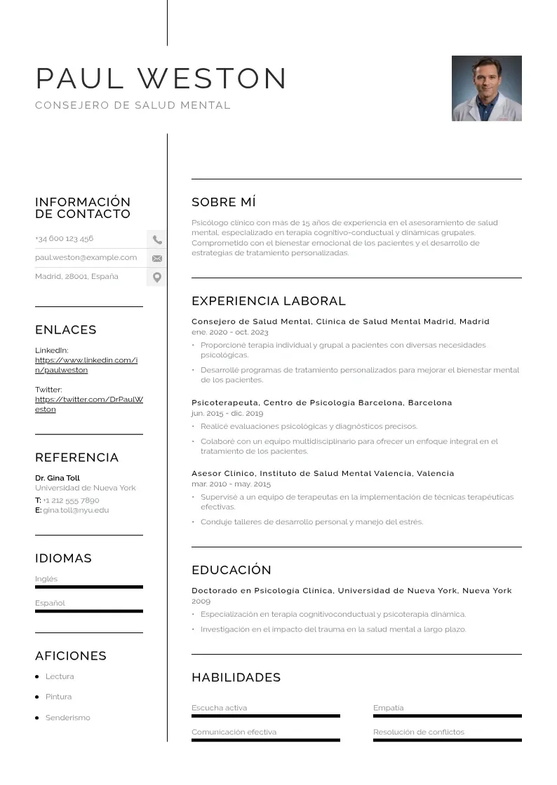 two column cv-consejero-de-salud-mental resume example