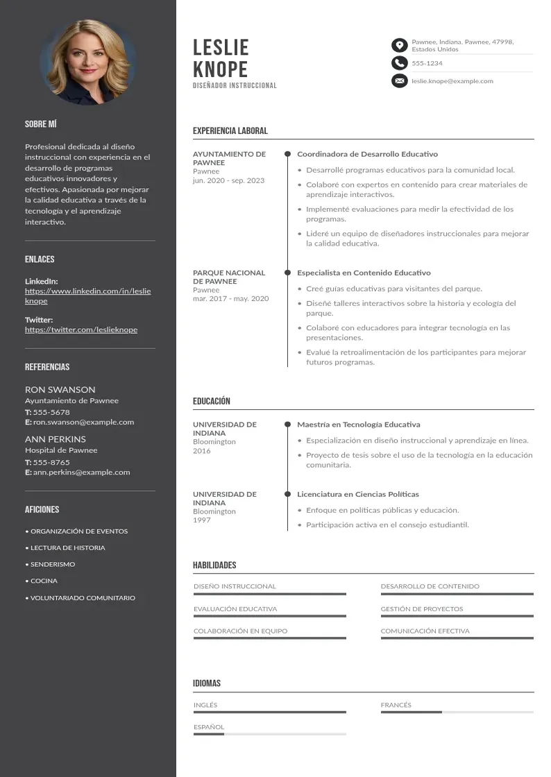 two column cv-disenador-instruccional resume example