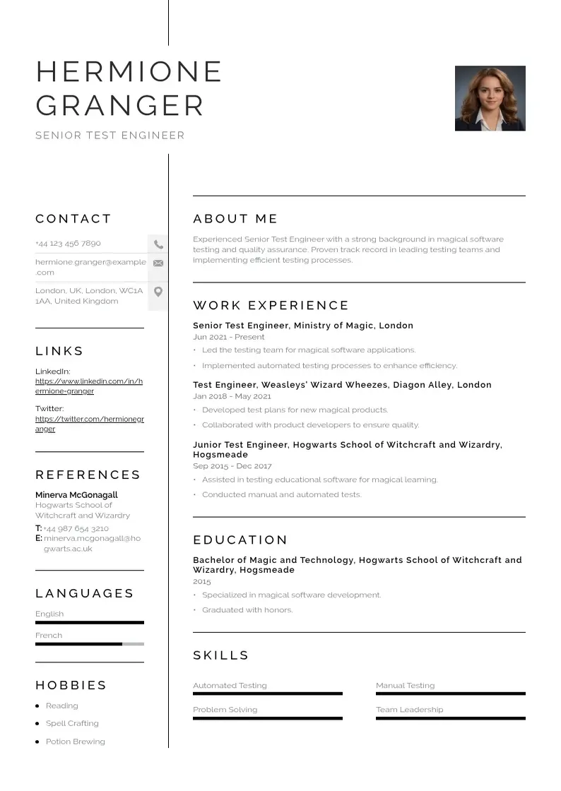 simple Senior test engineer resume resume example
