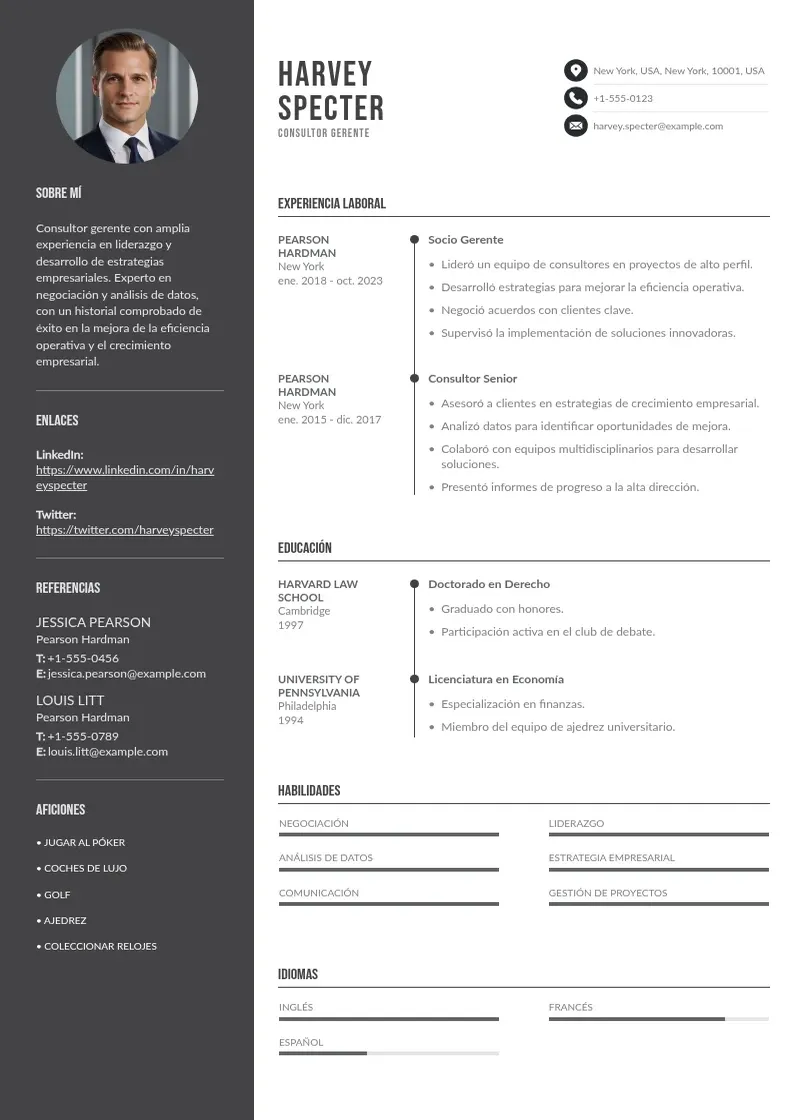 two column cv-consultor-gerente resume example