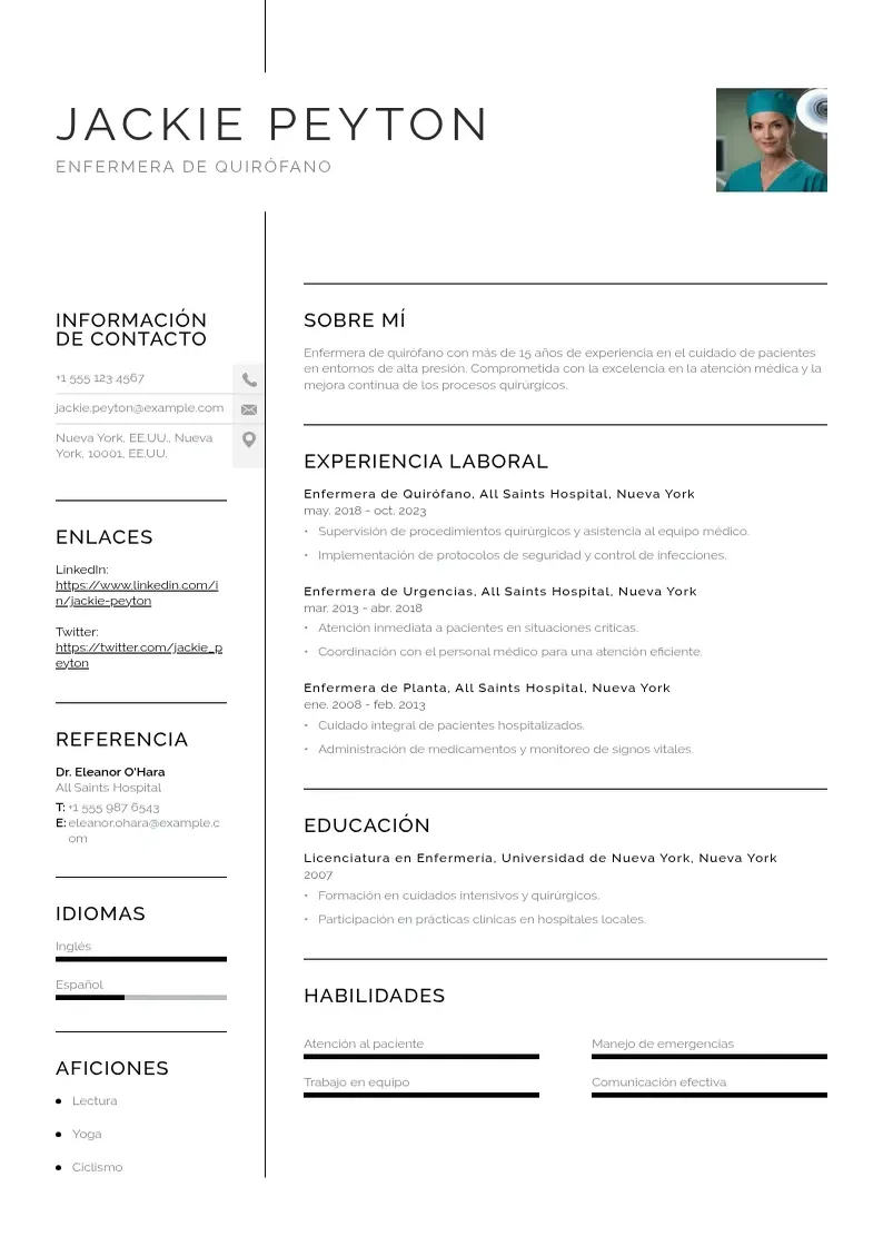 two column cv-enfermera-de-quirofano resume example
