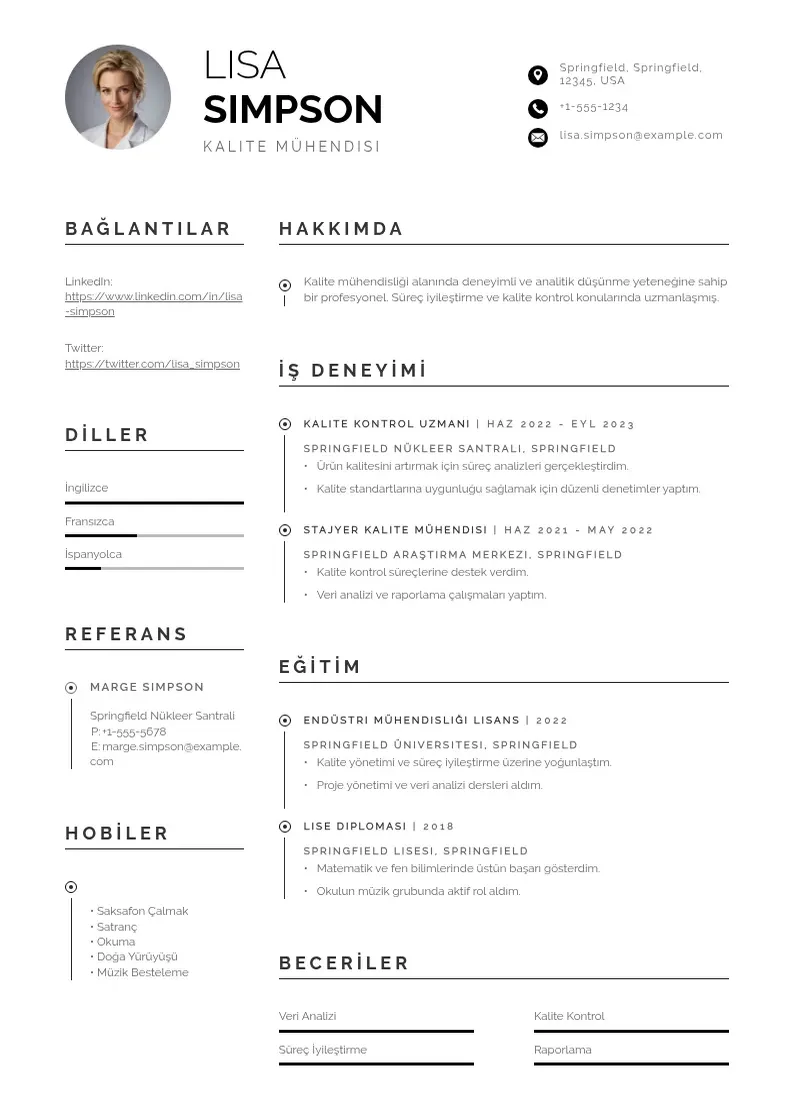 Profesionāla kalite Mühendisi  CV veidne