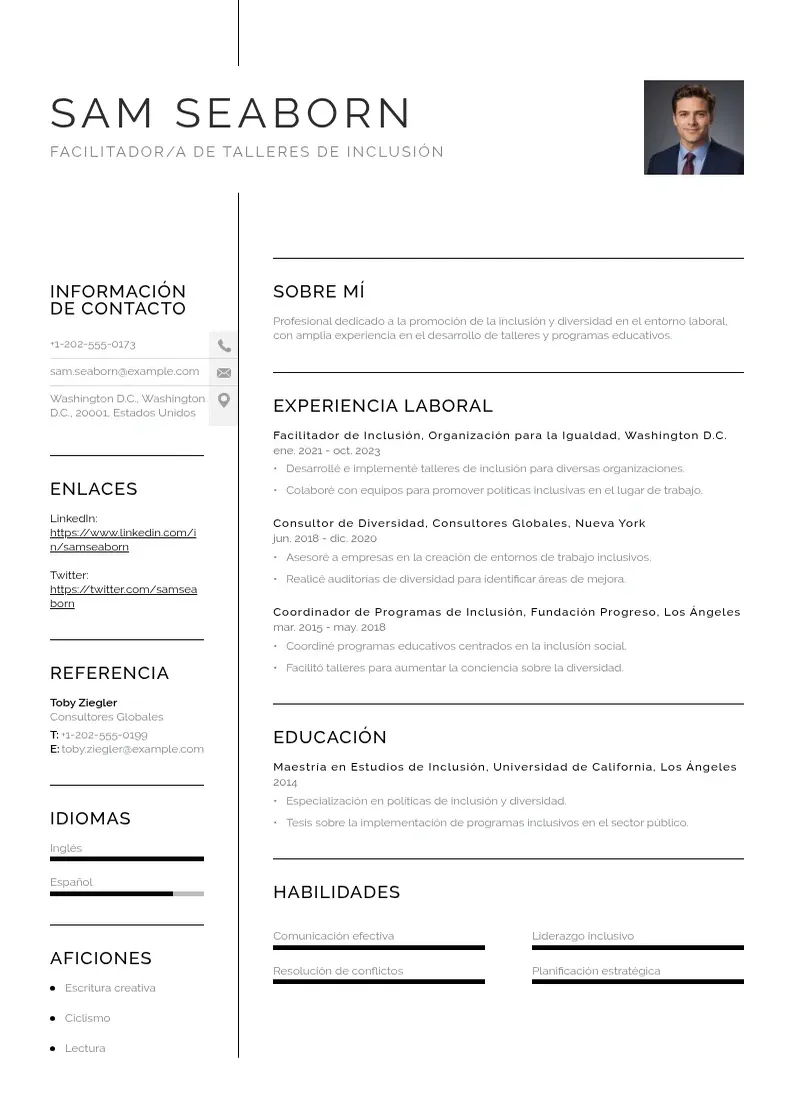 two column facilitadora-de-talleres-de-inclusion resume example