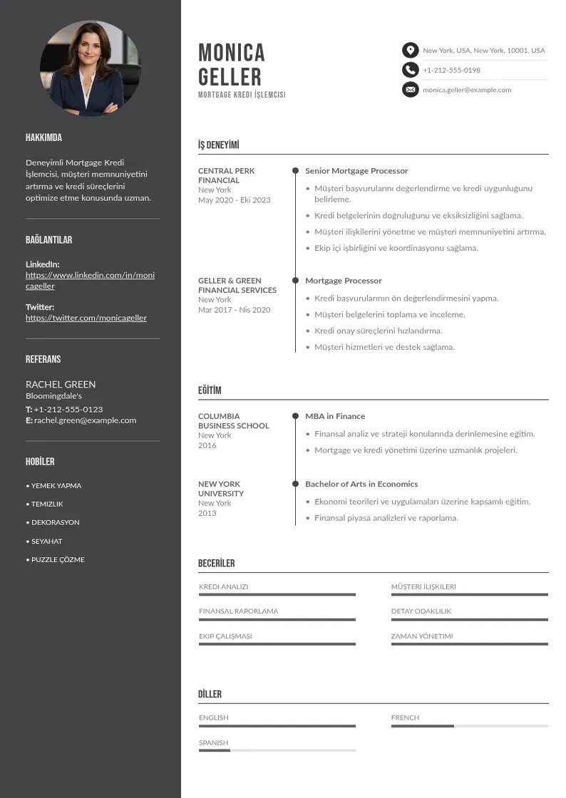 Divu kolonnu Mortgage Kredi İşlemcisi  CV piemērs