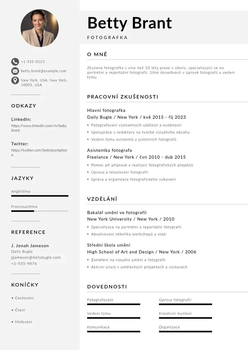 Mūsdienīga Priklady zivotopisu fotografu CV veidne