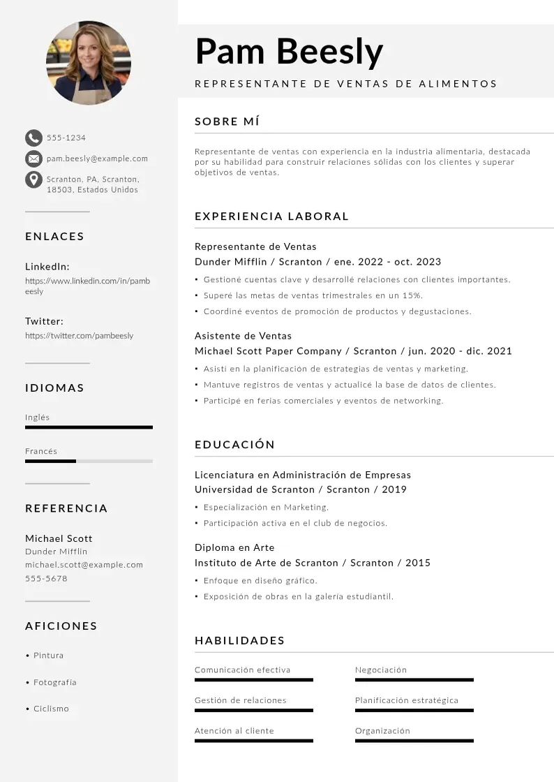 two column representante-de-ventas-de-alimentos resume example