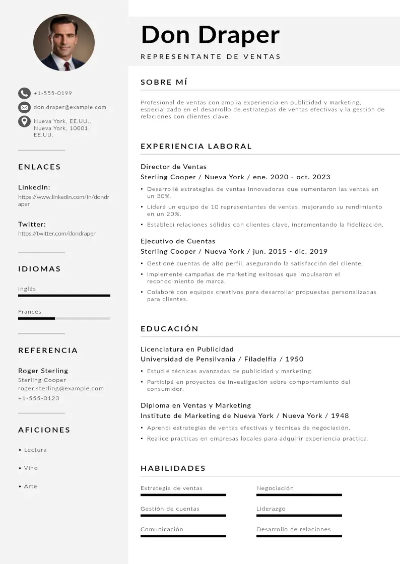 two column cv-representante-de-ventas resume example