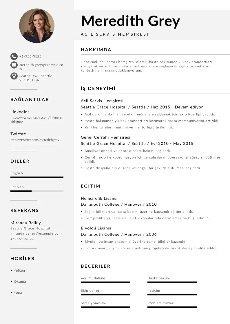Mūsdienīga Acil Servis Hemşiresi  CV veidne