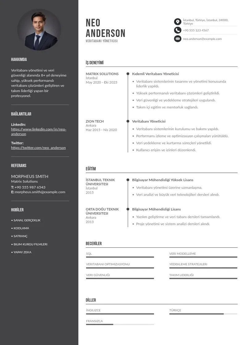 Divu kolonnu Veritabanı yöneticisi  CV piemērs