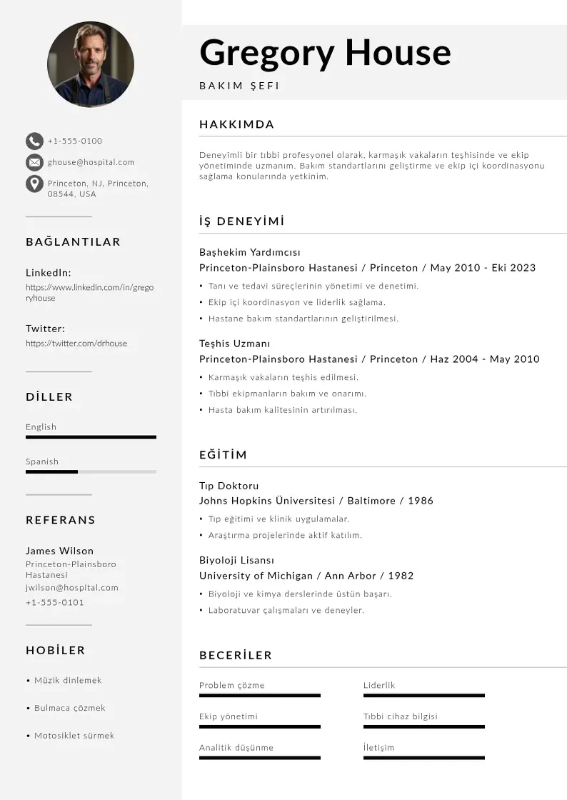 Mūsdienīga Bakım Şefi  CV veidne