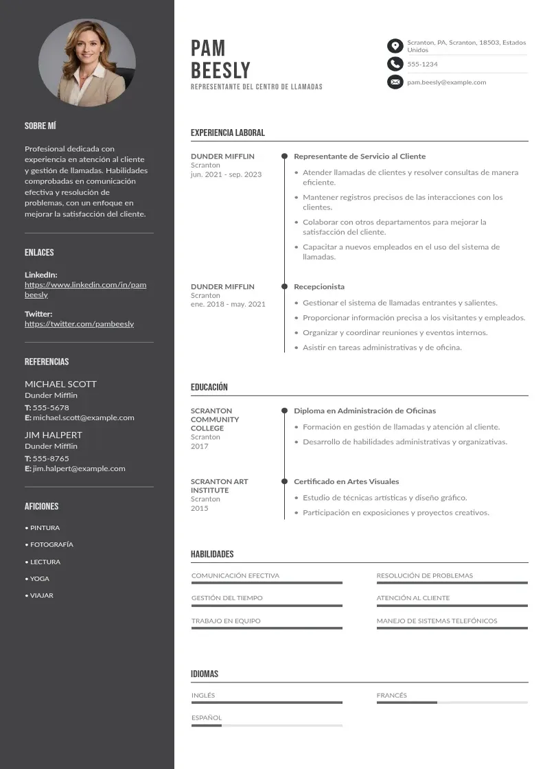 two column cv-representante-del-centro-de-llamadas resume example