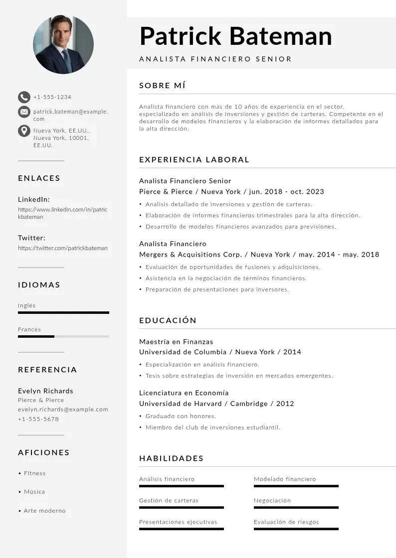 two column cv-analista-financiero-senior resume example