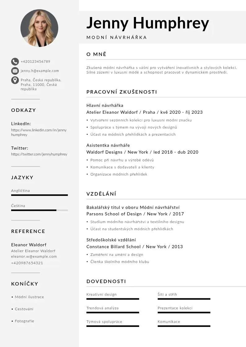 Mūsdienīga Modniho navrhare zivotopis CV veidne