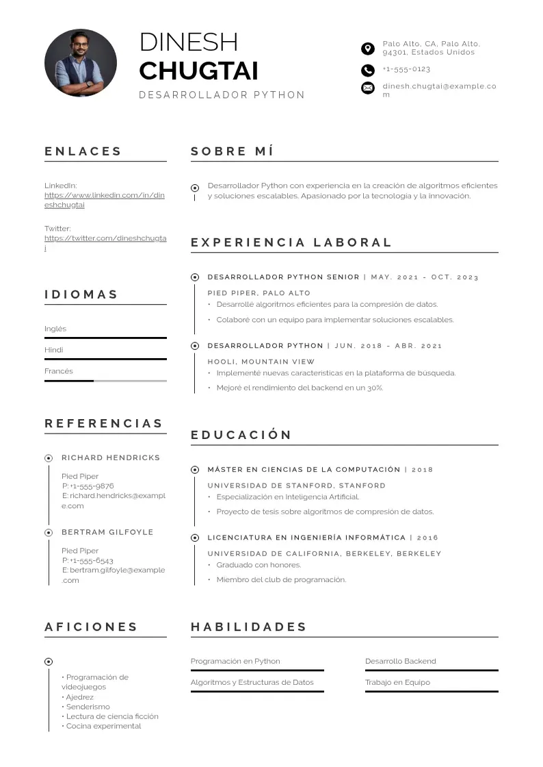 two column cv-desarrollador-python resume example