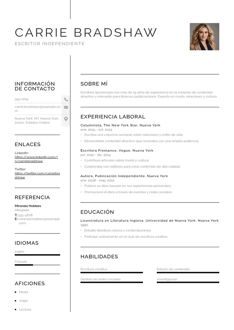 two column cv-escritor-independiente resume example