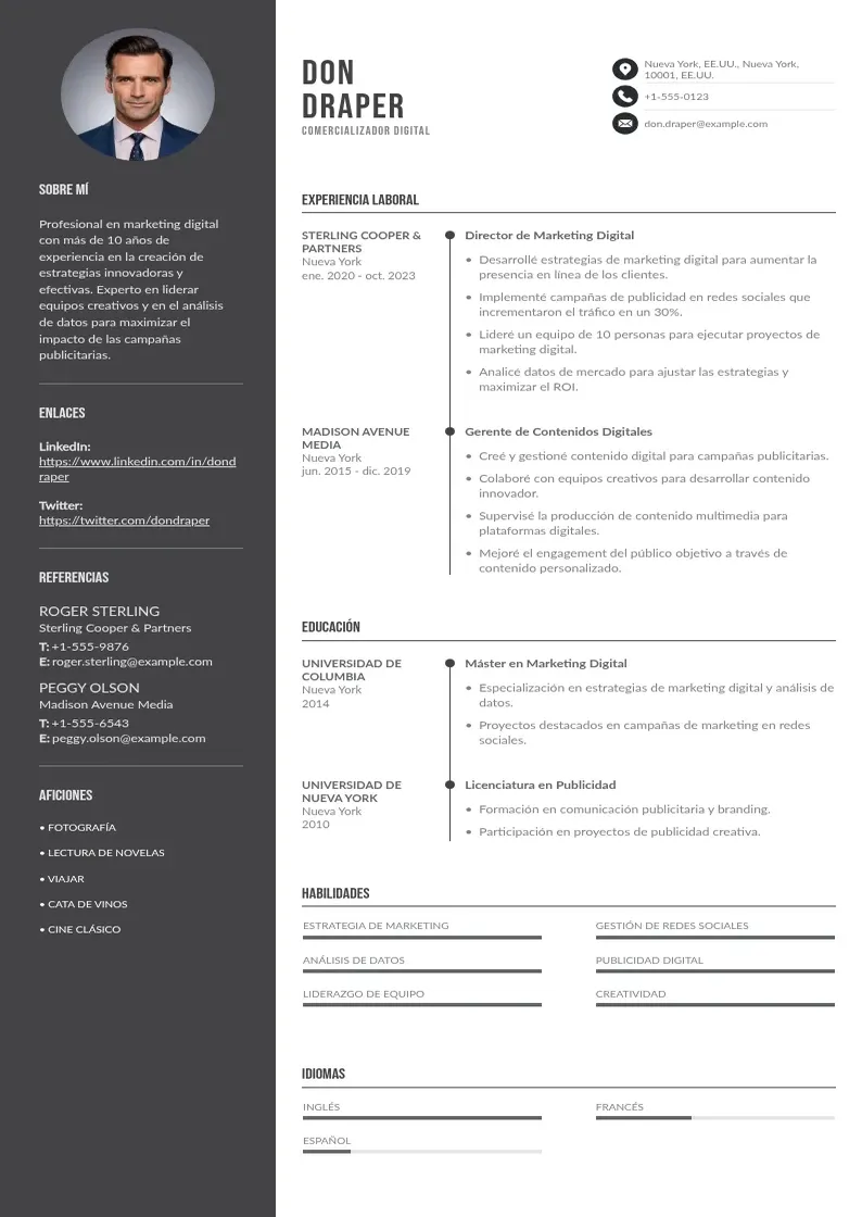 two column cv-comercializador-digital resume example