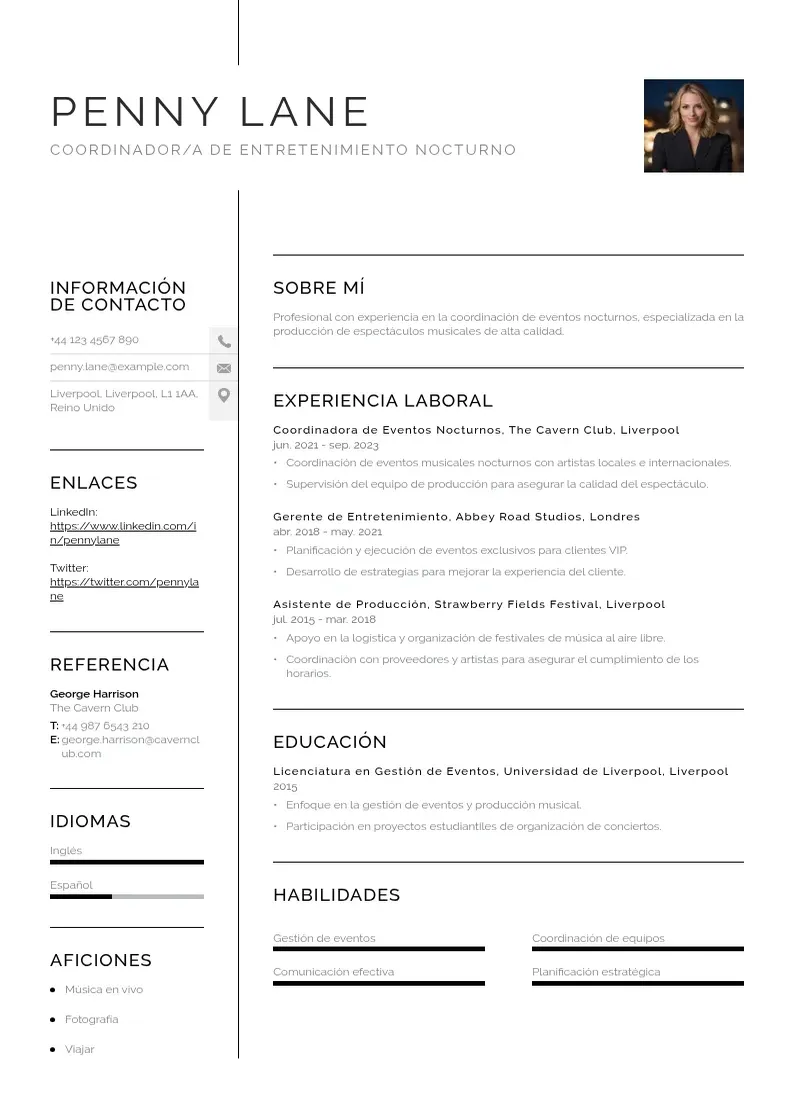 two column coordinadora-de-entretenimiento-nocturno resume example