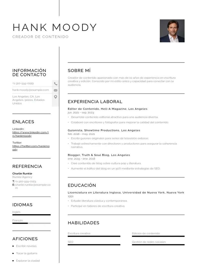 two column cv-creador-de-contenido resume example