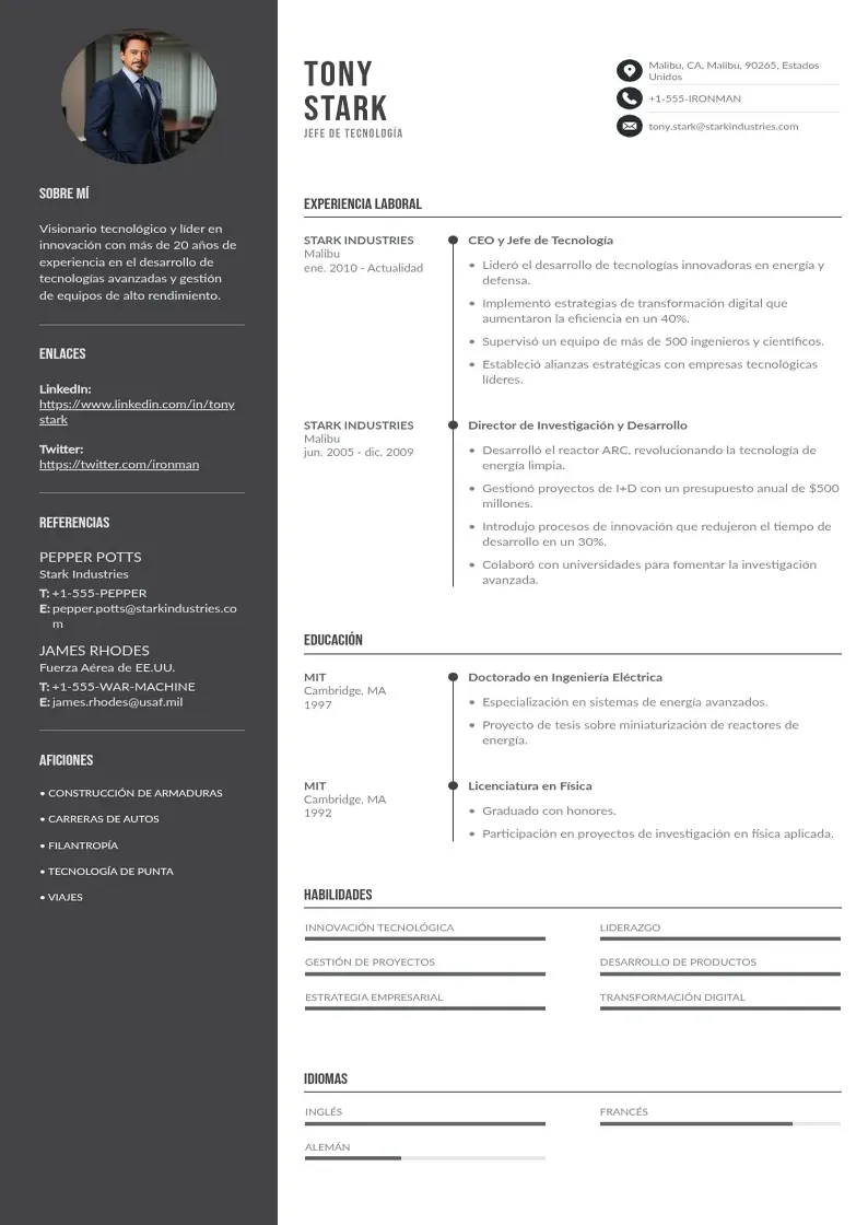 two column cv-jefe-de-tecnologia resume example