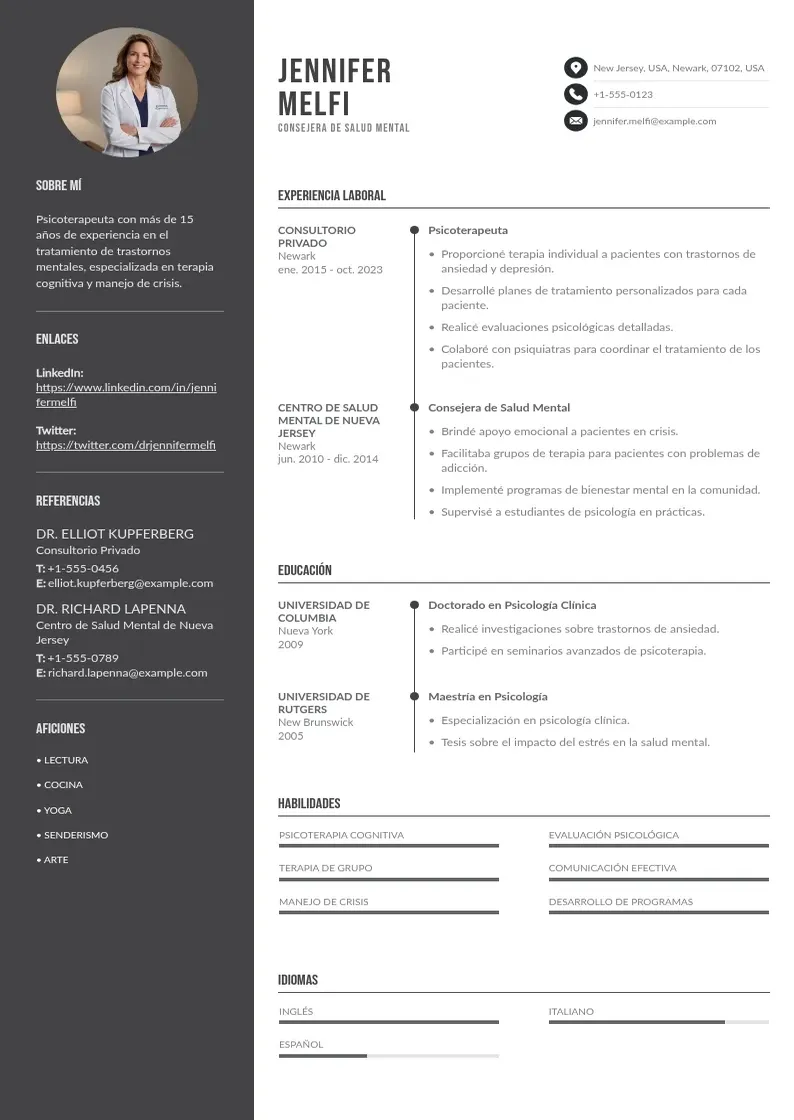 two column cv-consejero-de-salud-mental resume example